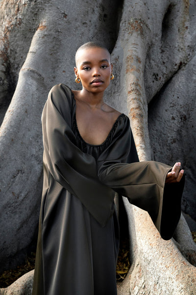 Aurora Dress | Dark Olive Satin